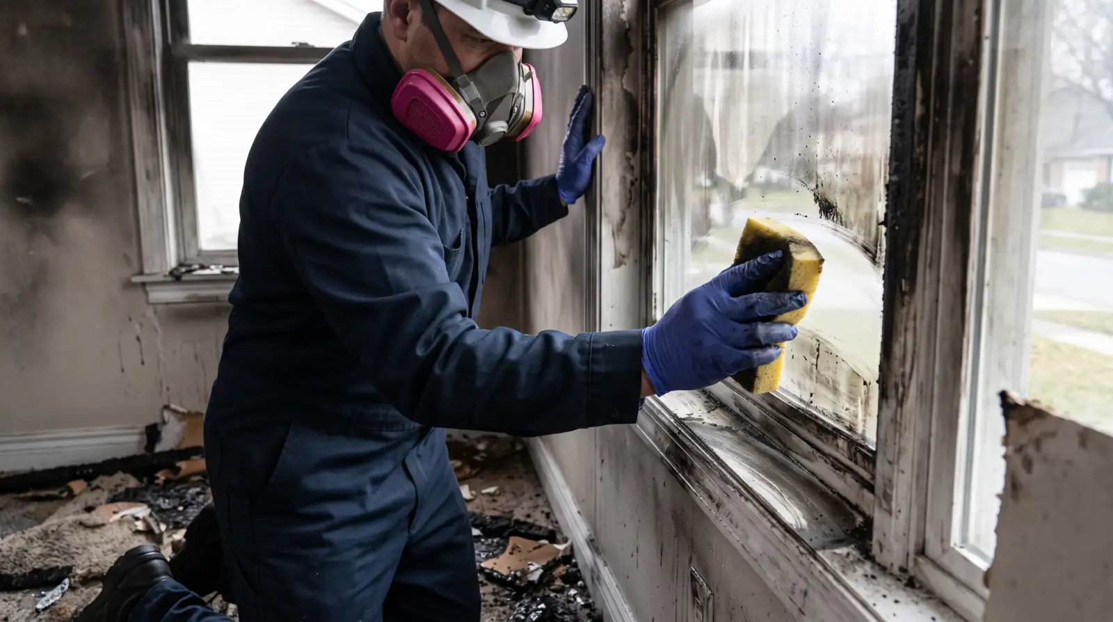 Restoration technician cleaning soot and smoke damage after a house fire in Canby, OR