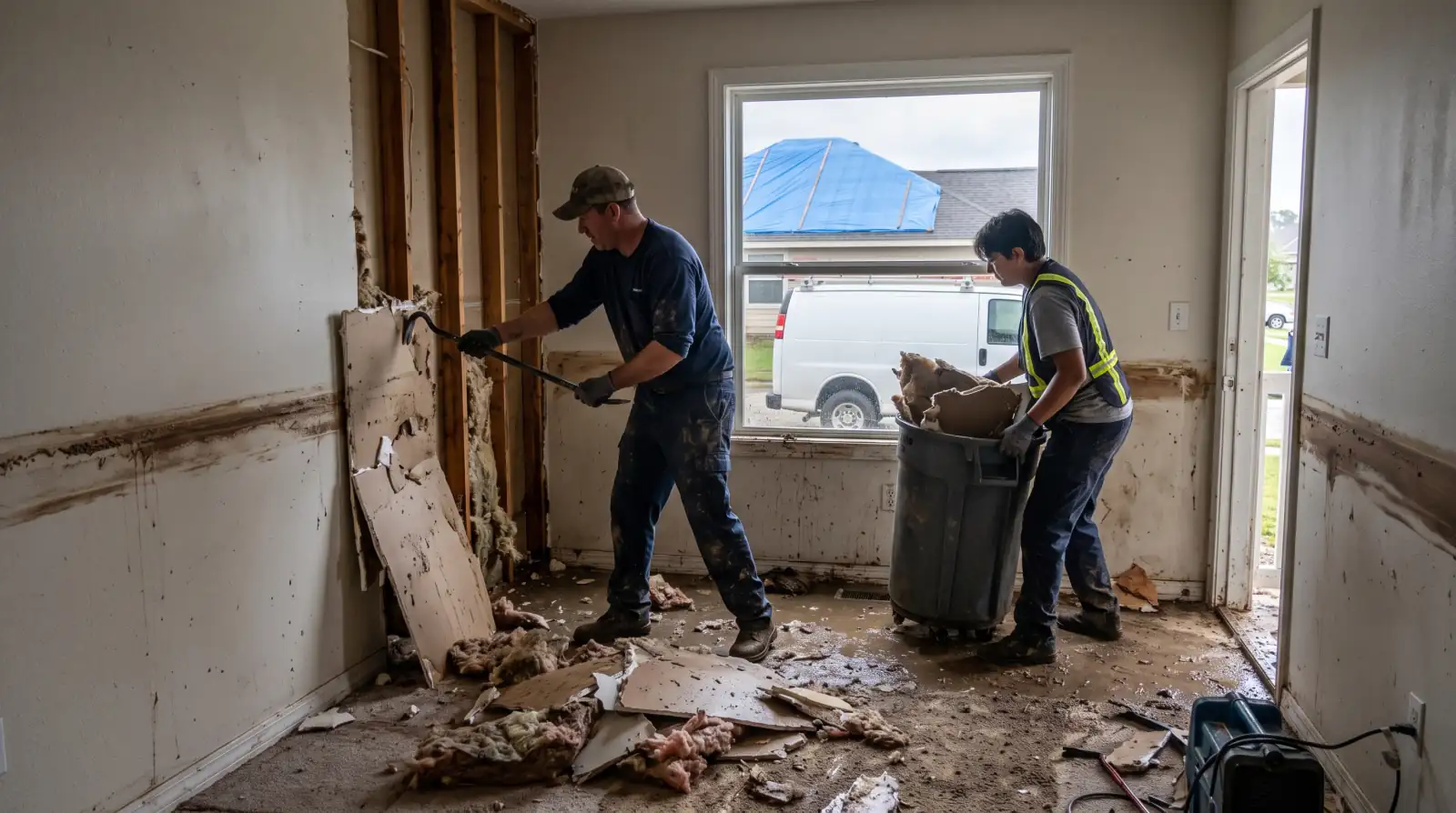 Crew removing water and debris from a flood-damaged home in Canby, OR