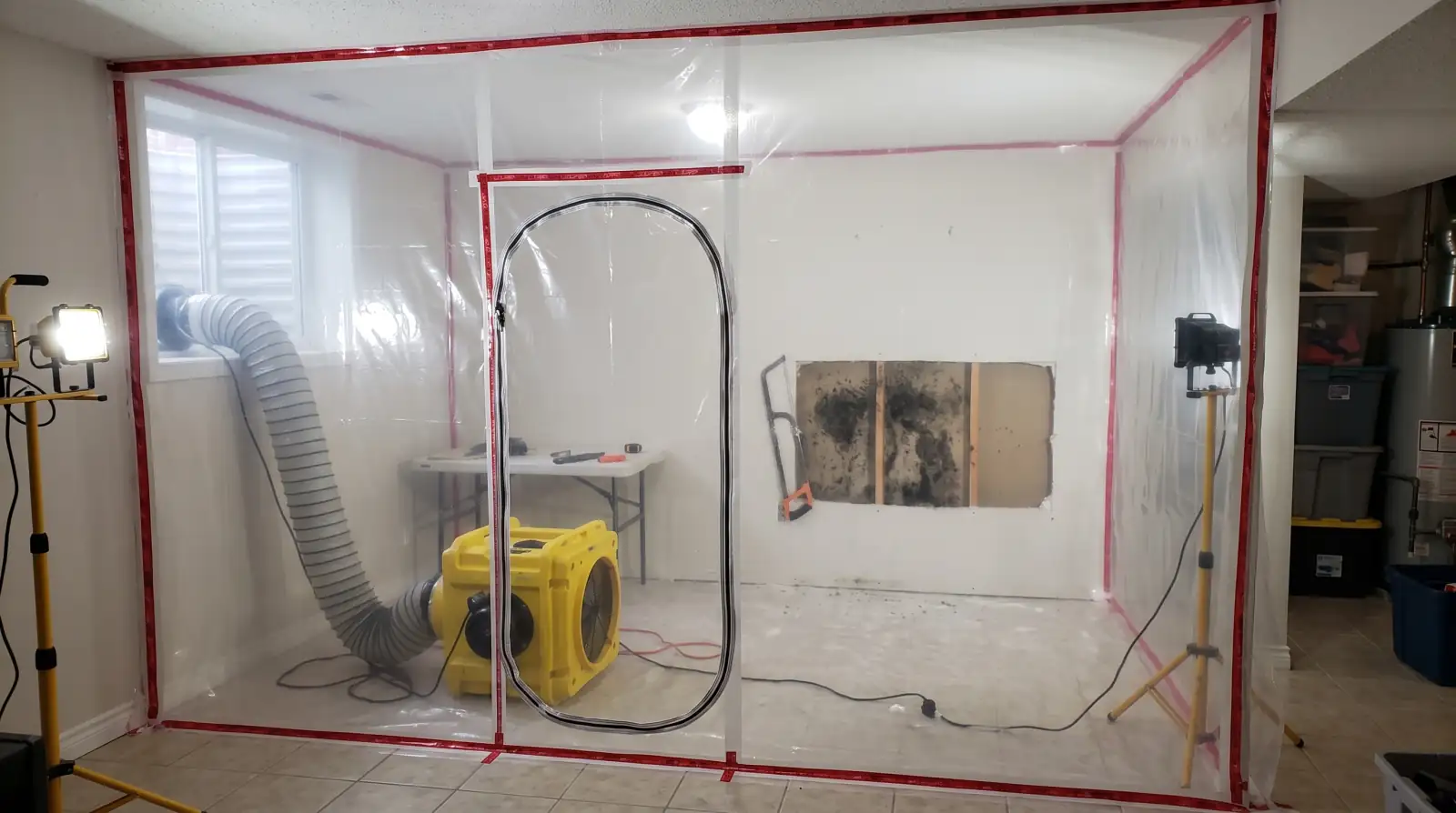 Containment barrier and air scrubber set up for mold remediation in Canby, OR