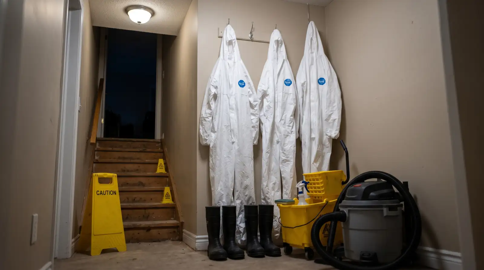 Protective gear and cleaning equipment staged for a sewage backup cleanup in Canby, OR